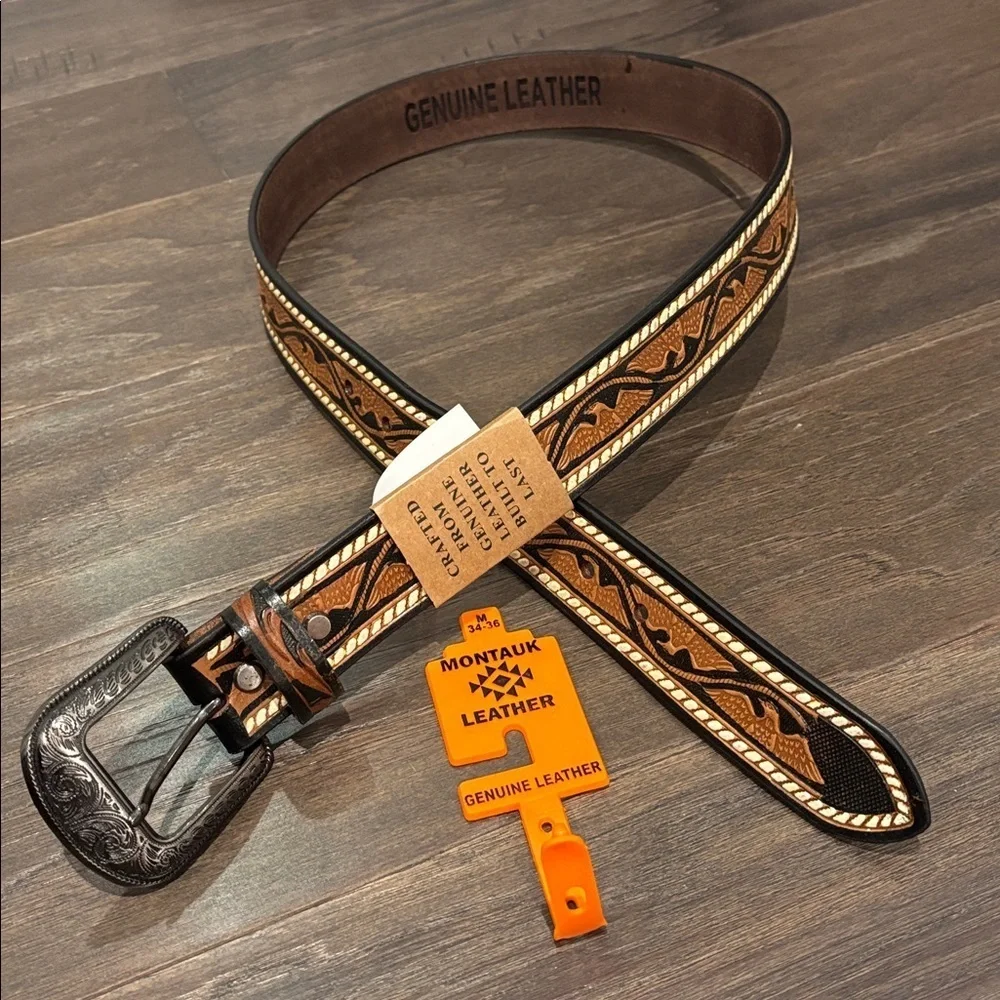 Montauk Genuine Leather Tooled Western Rodeo,filigree buckle,single stitch edge